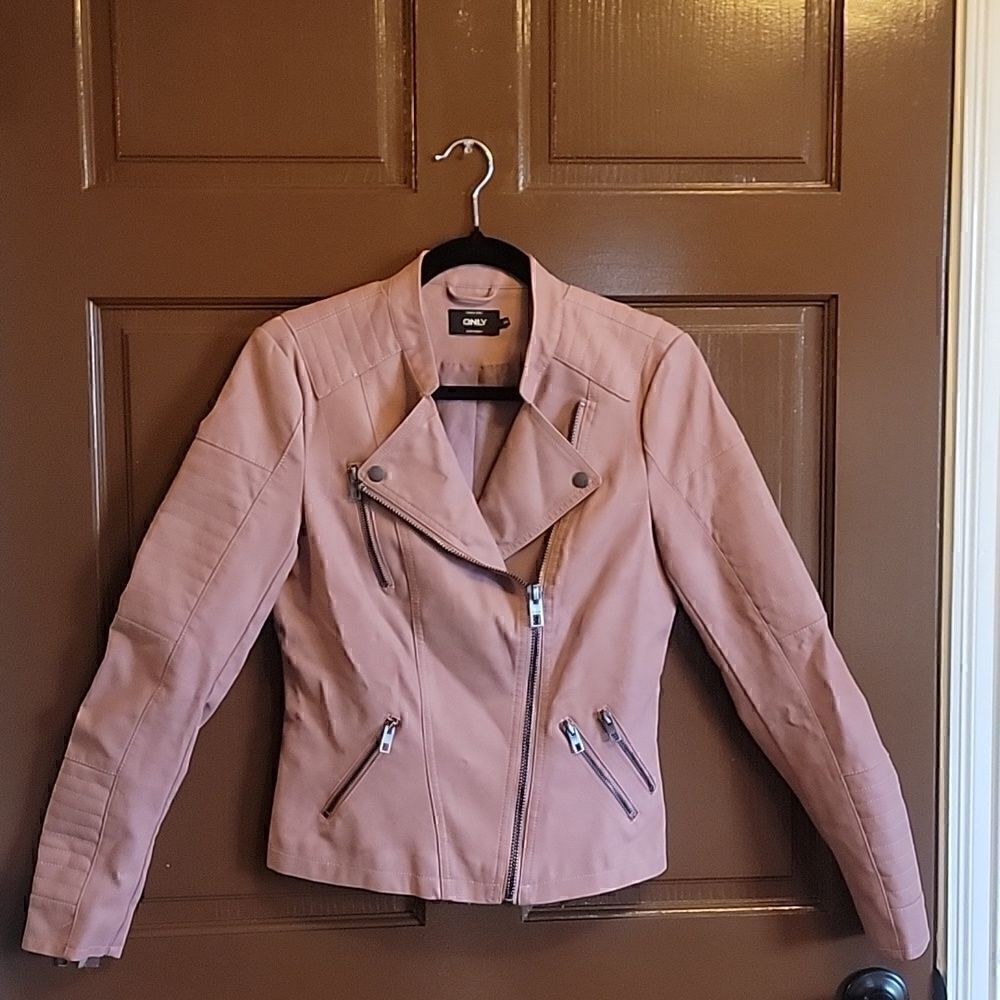 ONLY- Rose colored faux leather moto jacket Size 34=XS. NWOT.